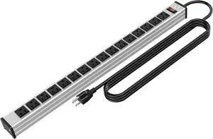Oviitech 16 Outlets Heavy Duty Metal Socket Power Strip,15-Foot Long Extension Cord with Circuit Breaker. Mounting Brackets Included,Workshop/Industrial use, ETL CertifiedBlack