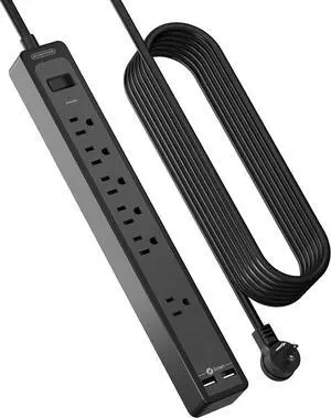 Surge Protector Power Strip, NTONPOWER Extension Cord 25 Ft with 6 Outlets(1 Widely Space) 2 USB, Overload Protection Switch, 1080J, 15A/1850W, Wall Mount for Home Office and Workbench, Black