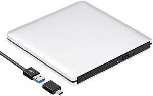 External CD DVD Drive USB 3.0/Type-C Ultra-Slim Aluminum CD/DVD-ROM Player Burner +/-RW Optical Disc Drive Reader Rewriter for Laptop PC Windows 11/10/8/7 Mac MacBook Pro Linux OS, Silver