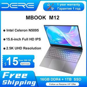 Dere Laptop M12 15.6" 16GB RAM 1TB SSD IPS 2.5K Full HD Screen Intel Celeron N5095 With Backlit Keyboard Windows 11 Notebook PC Silver 256 GB 8GB