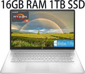 HP 17 Thin and Light Laptop, AMD Ryzen 5 5500U Processor 6-Core, AMD Radeon Graphics, 16GB DDR4  1TB PCIe SSD, 17.3" diagonal FHD (1920 x 1080) IPS, anti-glare Display, Bluetooth, Windows 11 Pro