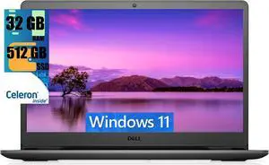 Dell Inspiron 15 Laptop, 15.6" HD Display, Intel Celeron N4020 Dual-Core Processor, Intel UHD Graphics, 32GB DDR4  512GB PCIe SSD, Wi-Fi and Bluetooth, Windows 11