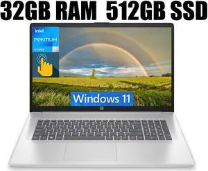 HP 17 Laptop, 17.3" HD+ (1600 x 900) Touchscreen, Intel Pentium Silver N5030 4 cores Processor, Intel UHD Graphics, 32GB DDR4  512GB PCIe SSD, 802.11AC WiFi, Bluetooth 5.0, Windows 11
