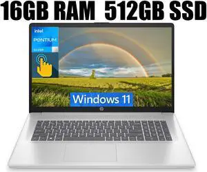 HP 17 Laptop, 17.3" HD+ (1600 x 900) Touchscreen, Intel Pentium Silver N5030 4 cores Processor, Intel UHD Graphics, 16GB DDR4  512GB PCIe SSD, 802.11AC WiFi, Bluetooth 5.0, Windows 11