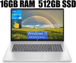 HP 17 Laptop, 17.3" HD+ (1600 x 900) Touchscreen, Intel Pentium Silver N5030 4 cores Processor, Intel UHD Graphics, 16GB DDR4  512GB PCIe SSD, 802.11AC WiFi, Bluetooth 5.0, Windows 11 Pro