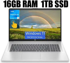 HP 17 Laptop, 17.3" HD+ (1600 x 900) Touchscreen, Intel Pentium Silver N5030 4 cores Processor, Intel UHD Graphics, 16GB DDR4  1TB PCIe SSD, 802.11AC WiFi, Bluetooth 5.0, Windows 11 Pro