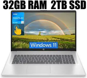 HP 17 Laptop, 17.3" HD+ (1600 x 900) Touchscreen, Intel Pentium Silver N5030 4 cores Processor, Intel UHD Graphics, 32GB DDR4  2TB PCIe SSD, 802.11AC WiFi, Bluetooth 5.0, Windows 11