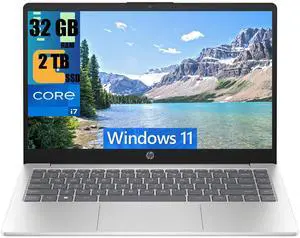HP 14 Laptop, 14.0" Full HD (1920x1080) Display, Intel Core i7-1355U 10-Cores Processor, Intel Iris Xe Graphics, 32GB DDR4  2TB PCIe SSD, Backlit Keyboard, WiFi 6, Bluetooth, Windows 11