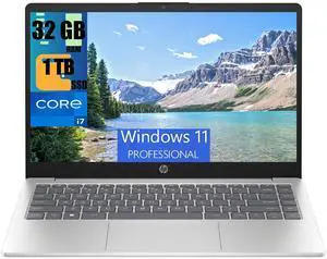HP 14 Laptop, 14.0" Full HD (1920x1080) Display, Intel Core i7-1355U 10-Cores Processor, Intel Iris Xe Graphics, 32GB DDR4  1TB PCIe SSD, Backlit Keyboard, WiFi 6, Bluetooth, Windows 11 Pro