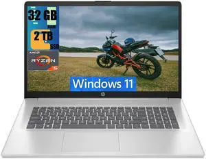 HP 17 Business Laptop, 17.3" FHD (1920 x 1080) Display, AMD Ryzen 5 7430U 6 cores Processor, AMD Radeon Graphics, 32GB DDR4  2TB PCIe SSD, Bluetooth 5.3, 720p HD Webcam, Windows 11