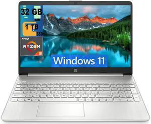 HP 15 Laptop, 15.6" HD (1366 x 768) Display, AMD Ryzen 3 5300U 4 Cores Processor, AMD Radeon Graphics, 32GB DDR4  1TB PCIe SSD, Webcam, HDMI, Wi-Fi, Windows 11