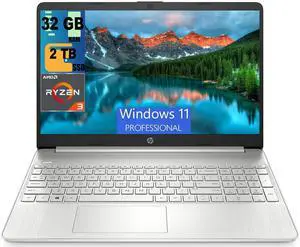 HP 15 Laptop, 15.6" HD (1366 x 768) Display, AMD Ryzen 3 5300U 4 Cores Processor, AMD Radeon Graphics, 32GB DDR4  2TB PCIe SSD, Webcam, HDMI, Wi-Fi, Windows 11 Pro