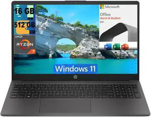 HP 255 G10 15 Laptop, 15.6" FHD Display, AMD Ryzen 7 7730U 8 Cores Processor, AMD Radeon Graphics, 16GB DDR4  512GB PCIe SSD, Webcam, Wi-Fi 6, Windows 11, Microsoft Office License