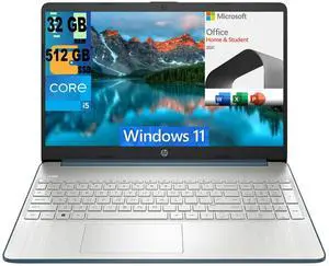 HP 15 Laptop, 15.6" FHD (1920 x 1080) Display, Intel Core i5-1235U 10 Cores Processor, Intel Iris Xe Graphics, 32GB DDR4  512GB PCIe SSD, Bluetooth, HDMI, WiFi 5, Windows 11,Microsoft Office License