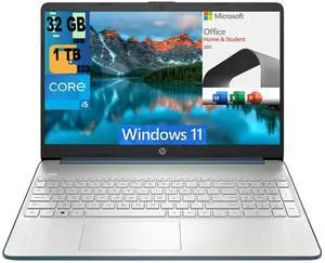 HP 15 Laptop, 15.6" FHD (1920 x 1080) Display, Intel Core i5-1235U 10 Cores Processor, Intel Iris Xe Graphics, 32GB DDR4  1TB PCIe SSD, Bluetooth, HDMI, WiFi 5, Windows 11,Microsoft Office License