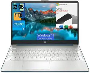 HP 15 Laptop, 15.6" FHD (1920 x 1080) Display, Intel Core i5-1235U 10 Cores Processor, Intel Iris Xe Graphics, 32GB DDR4  1TB PCIe SSD, Bluetooth, HDMI, WiFi 5, Windows 11 Pro,Microsoft Office License