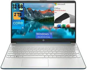 HP 15 Laptop, 15.6" FHD (1920 x 1080) Display, Intel Core i5-1235U 10 Cores Processor, Intel Iris Xe Graphics, 32GB DDR4  2TB PCIe SSD, Bluetooth, HDMI, WiFi 5, Windows 11 Pro,Microsoft Office License
