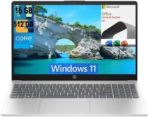 HP 15 Laptop, 15.6" Full HD Display, Intel Core i5-1235U 10 Cores Processor, Intel Iris Xe Graphics, 16GB DDR4  512GB PCIe SSD, Bluetooth, HDMI, WiFi 5, Windows 11,Microsoft Office License