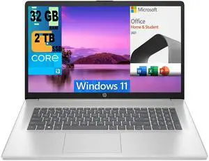 HP 17 Laptop, 17.3" FHD (1920 x 1080) Display, Intel Core i3-1215U 6 Cores Processor, Intel UHD Graphics, 32GB DDR4  2TB PCIe SSD, Numeric Keypad, Webcam, Windows 11,Microsoft Office License
