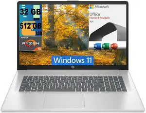 HP 17 Laptop, 17.3" FHD (1920 x 1080) Display, AMD Ryzen 5 7430U 6 cores Processor, AMD Radeon Graphics, 32GB DDR4  512GB PCIe SSD, Wi-Fi 6, Bluetooth, Windows 11,Microsoft Office License