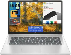 HP 17 Laptop, 17.3" FHD (1920 x 1080) Display, AMD Ryzen 5 7430U 6 cores Processor, AMD Radeon Graphics, 16GB DDR4  1TB PCIe SSD, Wi-Fi 6, Bluetooth, Windows 11 Pro,Microsoft Office License