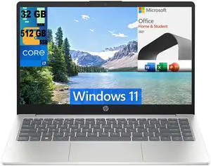 HP 14 Laptop, 14" FHD (1920 x 1080) Display, Intel Core i7-1355U 10 Cores Processor, Intel Iris Xe Graphics, 32GB DDR4  512GB PCIe SSD, Bluetooth, Windows 11,Microsoft Office License