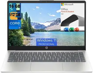 HP 14 Laptop, 14" FHD (1920 x 1080) Display, Intel Core i7-1355U 10 Cores Processor, Intel Iris Xe Graphics, 16GB DDR4  512GB PCIe SSD, Bluetooth, Windows 11 Pro,Microsoft Office License