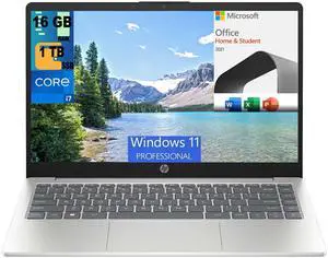 HP 14 Laptop, 14" FHD (1920 x 1080) Display, Intel Core i7-1355U 10 Cores Processor, Intel Iris Xe Graphics, 16GB DDR4  1TB PCIe SSD, Bluetooth, Windows 11 Pro,Microsoft Office License