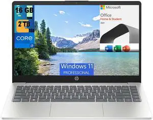 HP 14 Laptop, 14" FHD (1920 x 1080) Display, Intel Core i7-1355U 10 Cores Processor, Intel Iris Xe Graphics, 16GB DDR4  2TB PCIe SSD, Bluetooth, Windows 11 Pro,Microsoft Office License