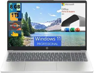 HP 15 Laptop, 15.6" HD (1366 x 768) Touchscreen, AMD Ryzen 5 7520U 4 Cores Processor, AMD Radeon Graphics, 8GB DDR4  1TB PCIe SSD, Bluetooth, Wi-Fi, Windows 11 Pro,Microsoft Office License