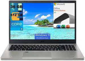 Acer Aspire 15 Laptop, 15.6" FHD Display, Intel Core i5-1155G7 4 cores Processor, Intel Iris Xe Graphics, 36GB DDR4  512GB PCIe SSD, Wi-Fi 6, Windows 11 Pro,Microsoft Office License