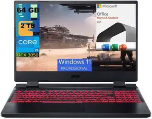 Acer Nitro 5 15 Gaming Laptop, 15.6" FHD 144Hz, Intel Core i5-12500H 12-Core Processor, RTX 3050 4GB GDDR6, 64GB DDR4  2TB PCIe SSD, Wi-Fi 6 Backlit KB, Windows 11 Pro,Microsoft Office License