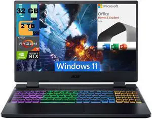Acer Nitro 5 15 Gaming Laptop, 15.6" QHD 165Hz Display, AMD Ryzen 7 6800H 8 Core processor, RTX 3070 Ti 8GB GDDR6, 32GB DDR5  2TB PCIe SSD, RGB Backlit, Windows 11,Microsoft Office License