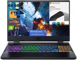 Acer Nitro 5 15 Gaming Laptop, 15.6" QHD 165Hz Display, AMD Ryzen 7 6800H 8 Core processor, RTX 3070 Ti 8GB GDDR6, 64GB DDR5  2TB PCIe SSD, RGB Backlit, Windows 11 Pro,Microsoft Office License