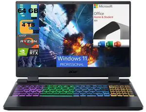 Acer Nitro 5 15 Gaming Laptop, 15.6" QHD 165Hz Display, AMD Ryzen 7 6800H 8 Core processor, RTX 3070 Ti 8GB GDDR6, 64GB DDR5  4TB PCIe SSD, RGB Backlit, Windows 11 Pro,Microsoft Office License
