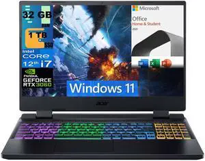 Acer Nitro 5 15 Gaming Laptop, 15.6" FHD 144Hz, Intel Core i7-12700H 14 Cores, NVIDIA GeForce RTX 3060 6GB Graphics, 32GB DDR4  1TB PCIe SSD, RGB Keyboard, Windows 11,Microsoft Office License