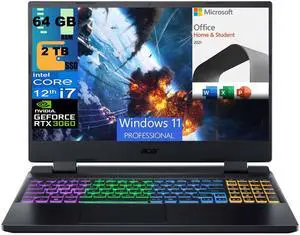 Acer Nitro 5 15 Gaming Laptop, 15.6" FHD 144Hz, Intel Core i7-12700H 14 Cores, NVIDIA GeForce RTX 3060 6GB Graphics, 64GB DDR4  2TB PCIe SSD, RGB Keyboard, Windows 11 Pro,Microsoft Office License