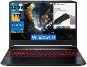 Acer Nitro 5 15 Gaming Laptop, 15.6" FHD 144Hz Display, Intel Core i7-11800H 8 cores, RTX 3050 Ti 4GB GDDR6, 32GB DDR4  1TB PCIe SSD, Wi-Fi 6 Backlit KB, Windows 11,Microsoft Office License