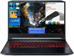 Acer Nitro 5 15 Gaming Laptop, 15.6" FHD 144Hz Display, Intel Core i7-11800H 8 cores, RTX 3050 Ti 4GB GDDR6, 64GB DDR4  2TB PCIe SSD, Wi-Fi 6 Backlit KB, Windows 11 Pro,Microsoft Office License