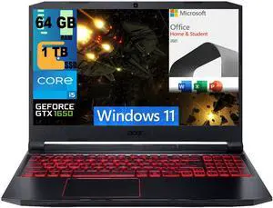 Acer Nitro 5 15 Gaming Laptop, 15.6" Full HD Display, Intel Core i5-10300H 4 core, GeForce GTX 1650 4 GB Graphics, 64GB DDR4  1TB PCIe SSD, WiFi 6, Backlit KB, Windows 11,Microsoft Office License