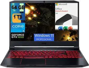 Acer Nitro 5 15 Gaming Laptop, 15.6" Full HD Display, Intel Core i5-10300H 4 core, GeForce GTX 1650 4 GB Graphics, 64GB DDR4  1TB PCIe SSD, WiFi 6, Backlit KB, Windows 11 Pro,Microsoft Office License
