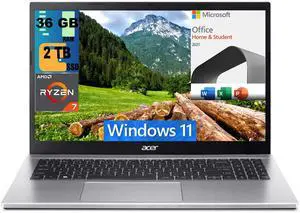 Acer Aspire 3 15 Laptop, 15.6" FHD Display, AMD Ryzen 7 5700U 8 Cores Processor, AMD Radeon Graphics, 36GB DDR4  2TB PCIe SSD, Wi-Fi 6, Windows 11,Microsoft Office License