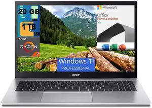 Acer Aspire 3 15 Laptop, 15.6" FHD Display, AMD Ryzen 7 5700U 8 Cores Processor, AMD Radeon Graphics, 20GB DDR4  1TB PCIe SSD, Wi-Fi 6, Windows 11 Pro,Microsoft Office License