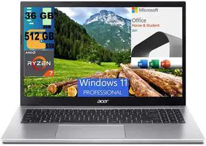 Acer Aspire 3 15 Laptop, 15.6" FHD Display, AMD Ryzen 7 5700U 8 Cores Processor, AMD Radeon Graphics, 36GB DDR4  512GB PCIe SSD, Wi-Fi 6, Windows 11 Pro,Microsoft Office License