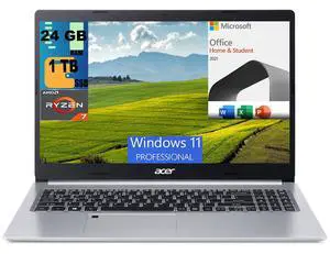 Acer Aspire 5 15 Slim Laptop, 15.6" FHDDisplay, AMD Ryzen 7 3700U Quad-Core Processor, AMD Radeon Graphics, 24GB DDR4  1TB PCIe SSD, Backlit KB Fingerprint, Windows 11 Pro,Microsoft Office License
