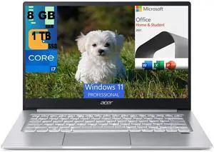 Acer Swift 3 14 Laptop, 14" FHD Display, Intel Core i7-1165G7 Quad-core Processor, Iris Xe Graphics, 8GB DDR4  1TB PCIe SSD, Fingerprint, Backlit KB, Windows 11 Pro,Microsoft Office License