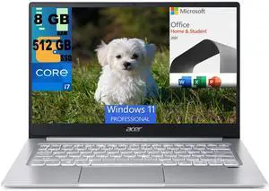Acer Swift 3 14 Laptop, 14" FHD Display, Intel Core i7-1165G7 Quad-core Processor, Iris Xe Graphics, 8GB  DDR4  512GB  PCIe SSD, Fingerprint, Backlit KB, Windows 11 Pro,Microsoft Office License