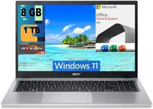 Acer Aspire 3 15 Slim Laptop, 15.6" Full HD Display, AMD Ryzen 3 7320U 4 Core Processor, AMD Radeon Graphics, 8GB DDR4  1TB PCIe SSD, Wi-Fi 6, Windows 11 Home,Microsoft Office License
