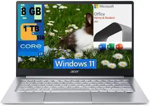Acer Swift 3 14 Laptop, 14" Full HD Display, Intel Core i7-1165G7 4 cores Processor, Iris Xe Graphics, 8GB DDR4  1TB PCIe SSD, Fingerprint Reader, Back-lit KB, Windows 11 Home,Microsoft Office License