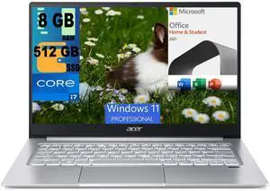 Acer Swift 3 14 Laptop, 14" FHD Display, Intel Core i7-1165G7 4 cores Processor, Iris Xe Graphics, 8GB  DDR4  512GB  PCIe SSD, Fingerprint, Back-lit KB, Windows 11 Pro,Microsoft Office License